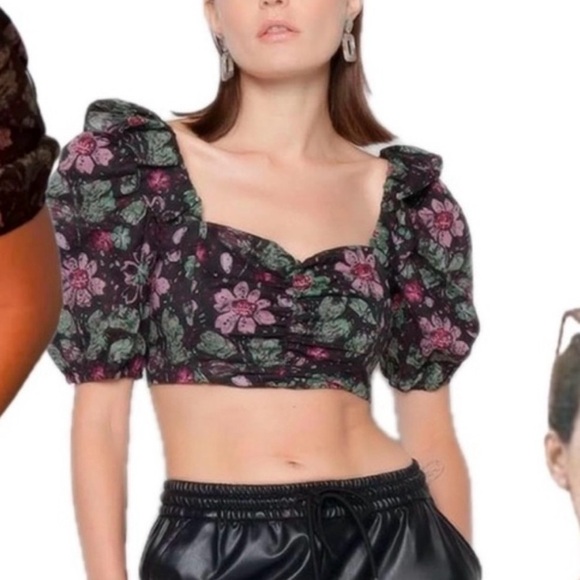 Zara Bustier Top Cropped Floral Smocked Back Puff Sleeve Size Small NWOT - Picture 10 of 10